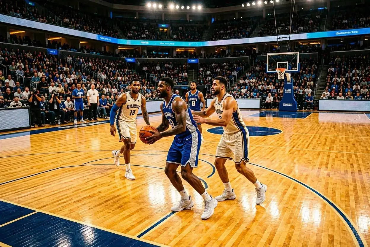 NBA basketball game in progress inside a packed arena with players competing under bright lights on a polished hardwood court