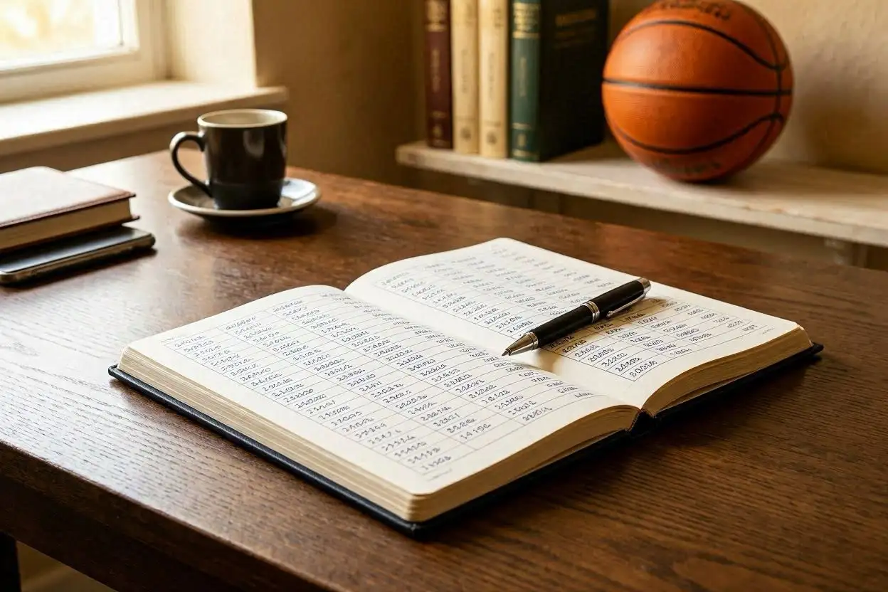 Organised desk with a structured NBA betting log, pen, and a basketball visible in the background showing disciplined bankroll tracking