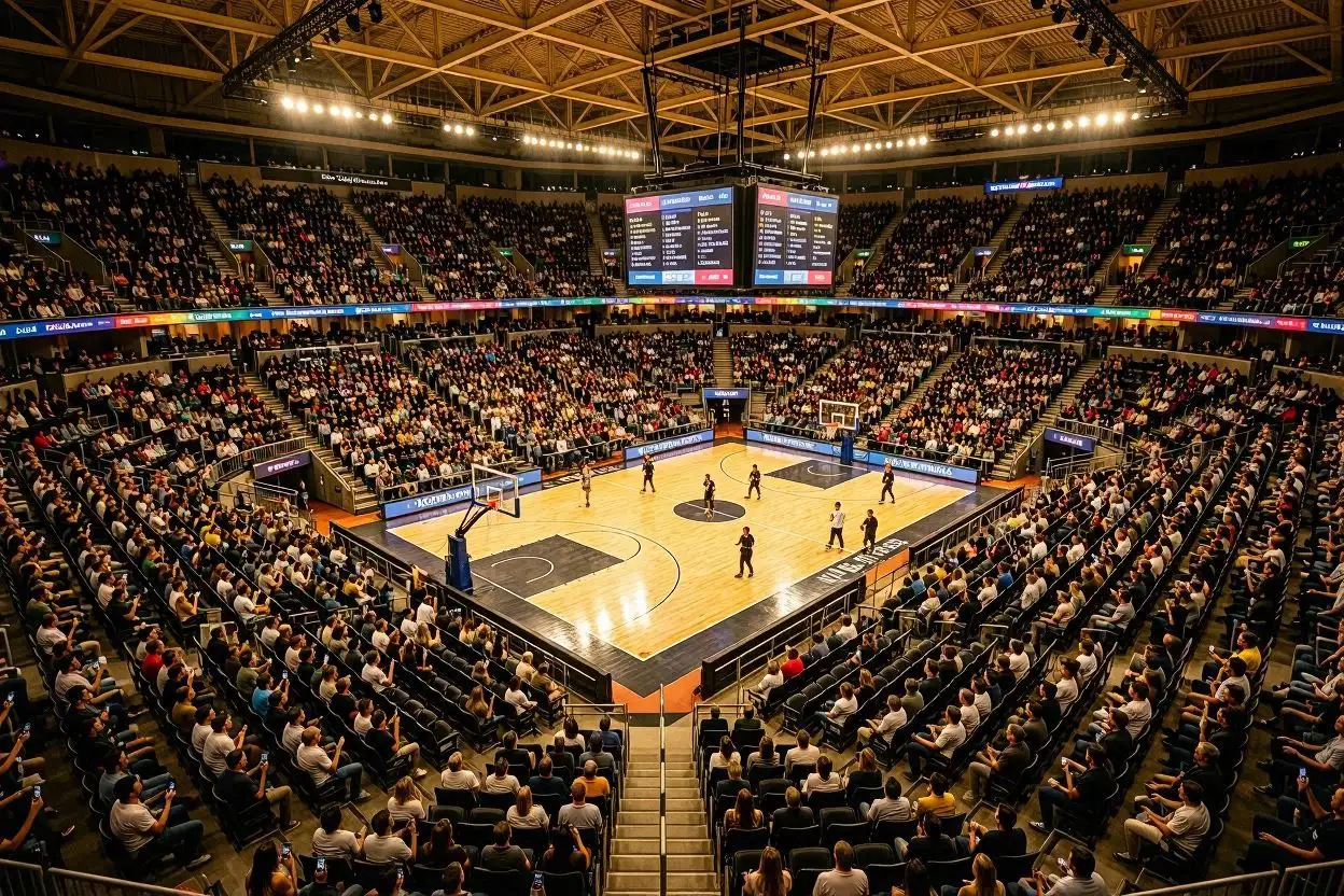 NBA basketball arena during a live game with a packed crowd illustrating the scale of the global basketball betting market