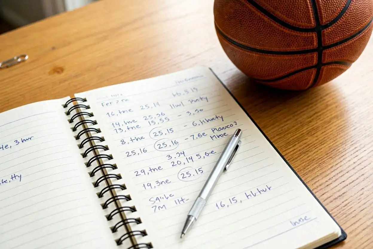 Close-up of a notebook with handwritten NBA betting calculations and probability estimates next to a basketball