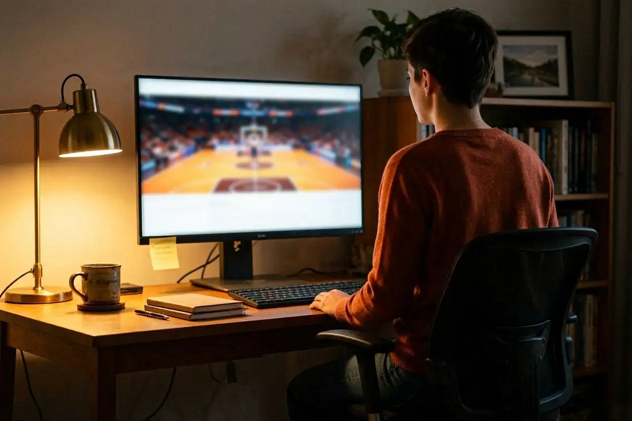 Person stepping away from a computer desk with an NBA game on screen, symbolising disciplined session management and responsible betting habits