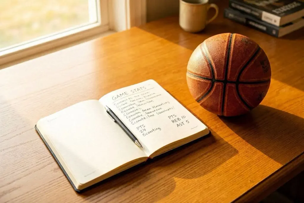 NBA advanced stats for betting with a basketball and analytics notebook on a hardwood court