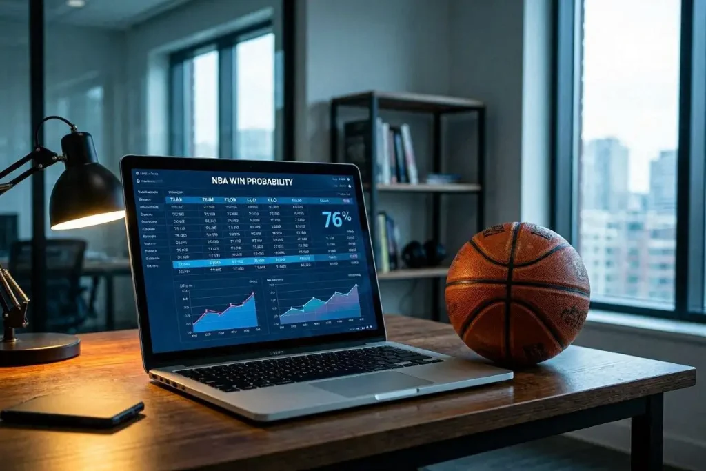 AI prediction dashboard displaying NBA game probabilities alongside basketball statistics and model confidence scores
