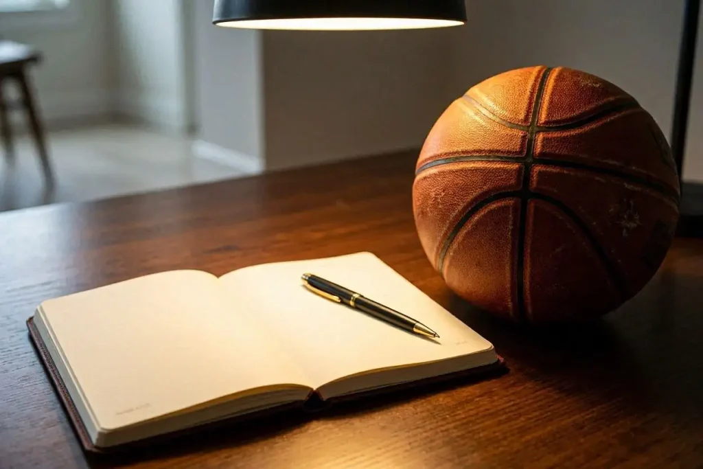NBA bankroll management with a notebook and pen beside a basketball on a wooden desk
