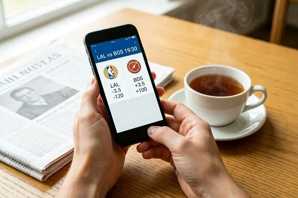 New bettor opening a UK bookmaker app on a smartphone with NBA basketball games displayed on screen