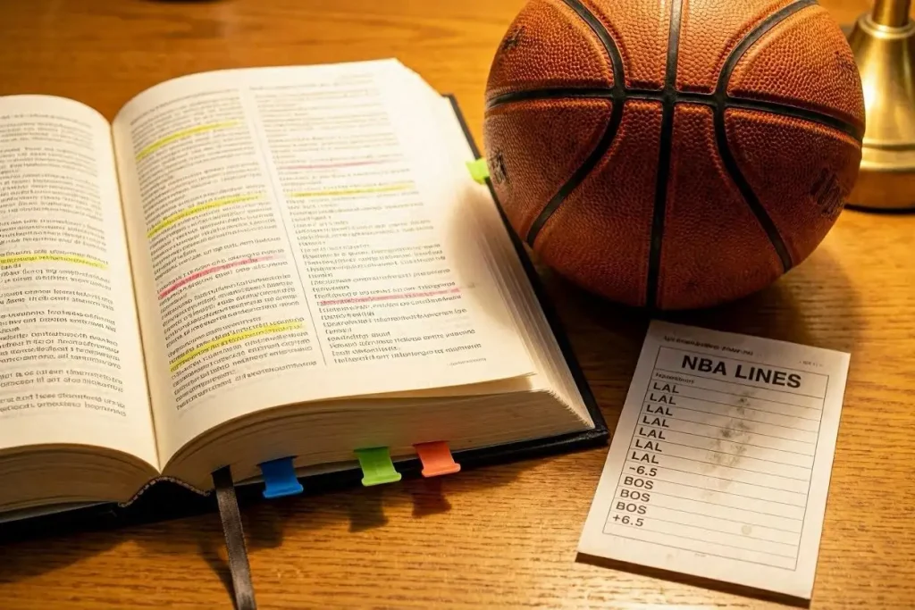 Open reference book with NBA betting terminology highlighted alongside a basketball and UK bookmaker interface