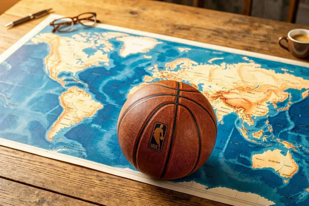 NBA basketball on a world map highlighting the United States United Kingdom and Asia Pacific regions