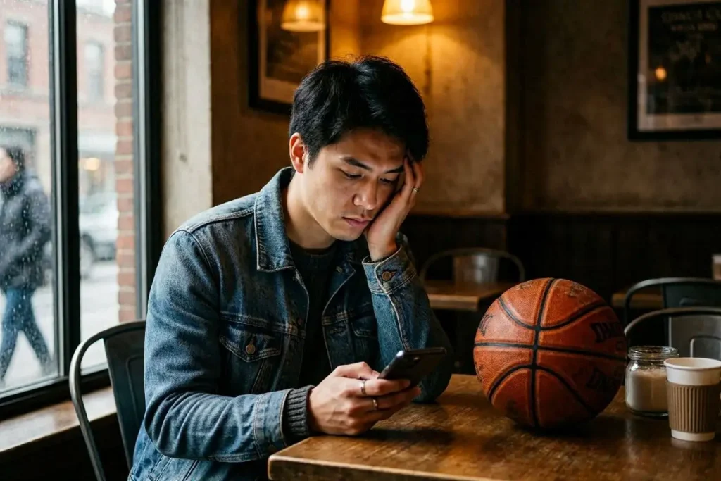 Frustrated bettor looking at a losing NBA bet on a smartphone with a basketball court in the background