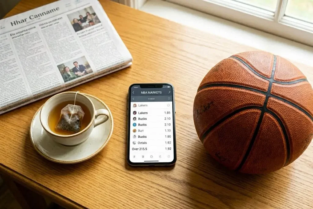 Multiple UK bookmaker apps open on a mobile phone showing NBA basketball betting markets and decimal odds