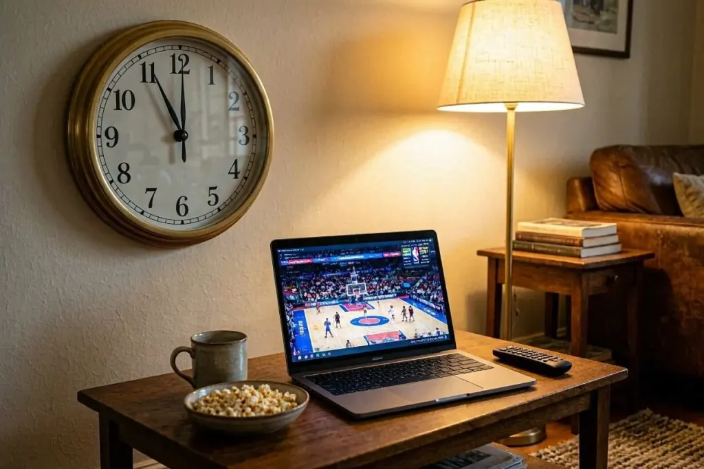 Clock showing midnight UK time alongside an NBA game broadcast on a laptop screen in a dimly lit room