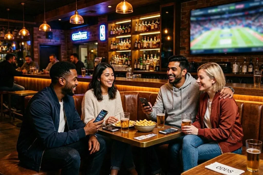 Diverse group of sports fans watching an NBA game on a large screen while checking odds on their phones