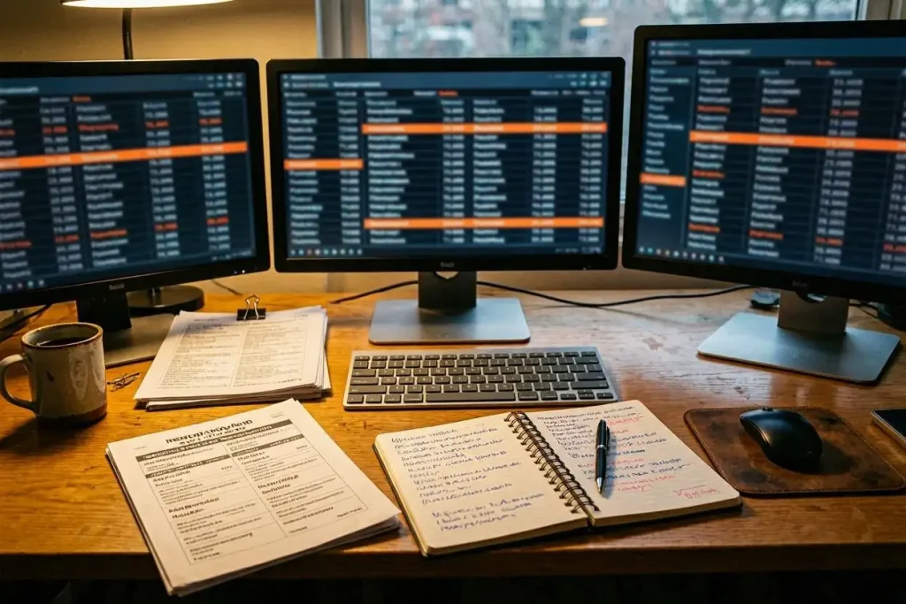 NBA game analysis workspace with statistics spreadsheets injury reports and matchup data on multiple screens