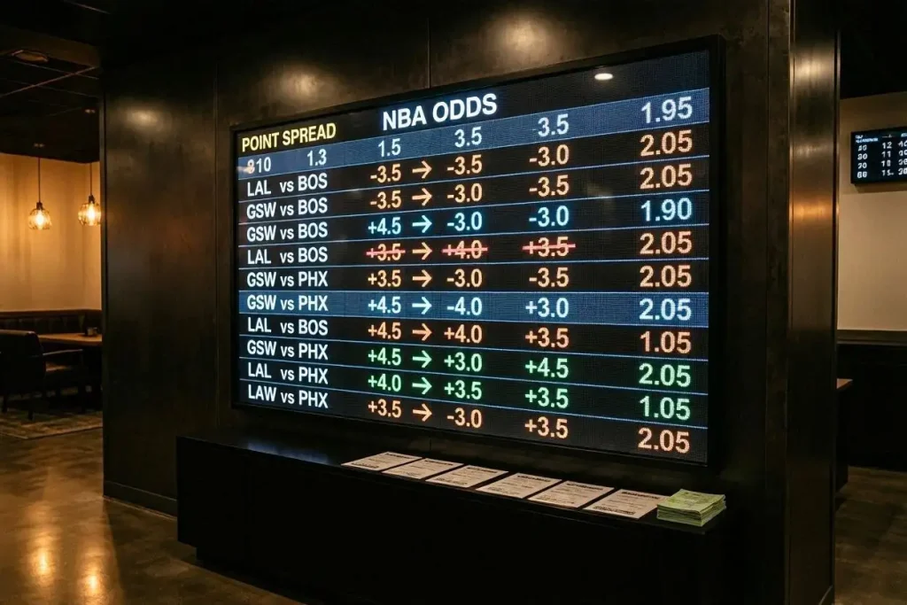 NBA odds board showing line movement from opening to closing with shifting point spreads and totals