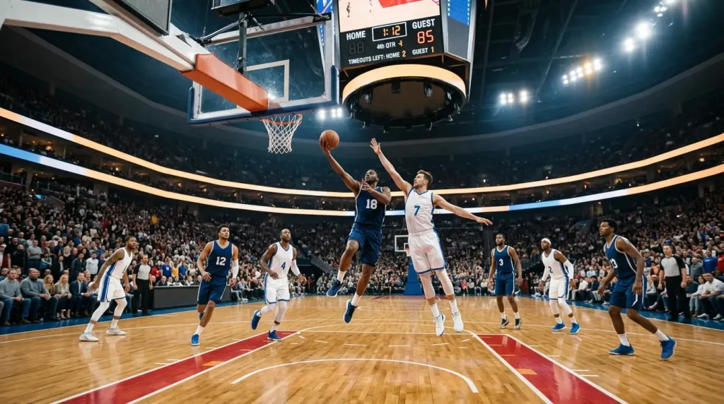 NBA live betting strategy with a basketball game in progress at a brightly lit arena