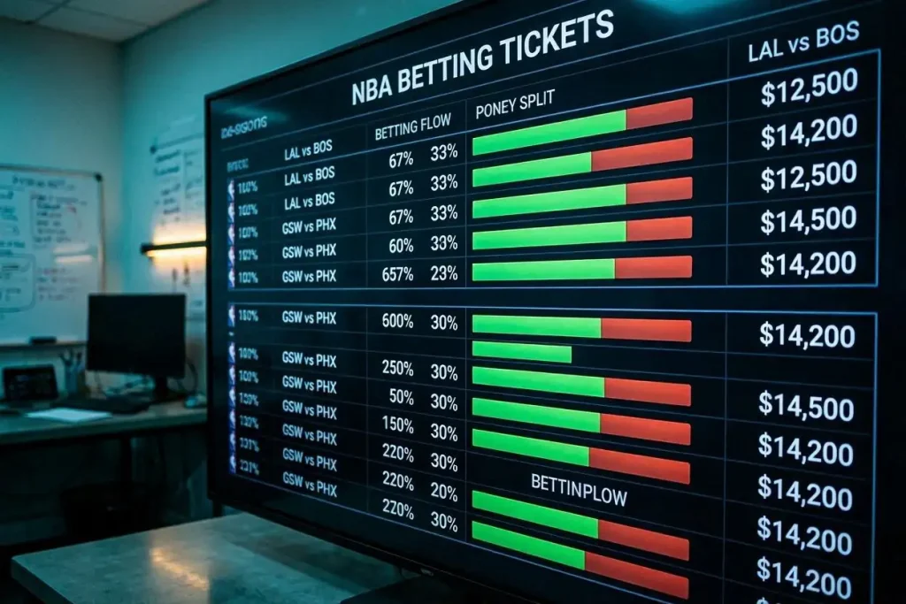NBA public betting percentage data displayed on a screen showing ticket splits and money flow for basketball games