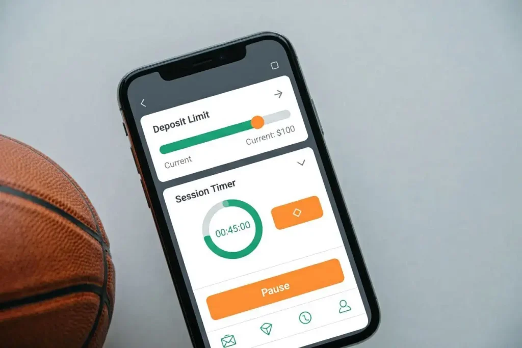Responsible betting controls on a mobile device showing deposit limits session timers and self-exclusion options