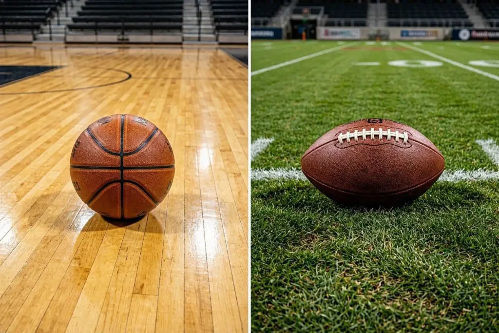 Split image comparing basketball court and American football field with betting odds overlays for both sports