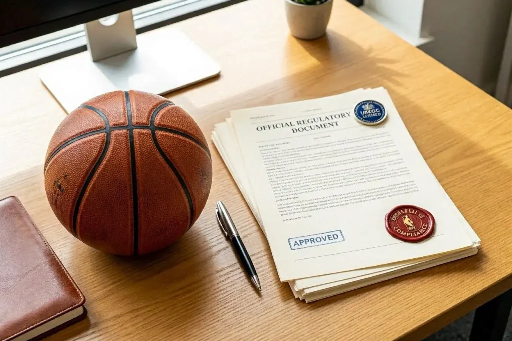 UK Gambling Commission logo alongside an NBA basketball and regulatory documentation on a desk