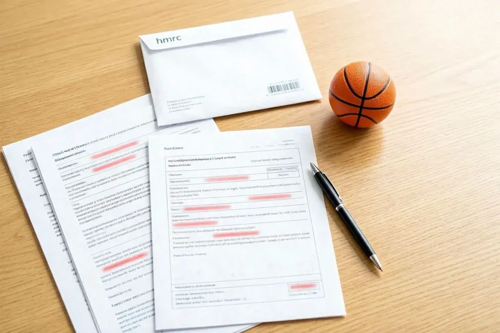 UK tax documents beside a calculator and basketball, representing the tax treatment of NBA betting profits
